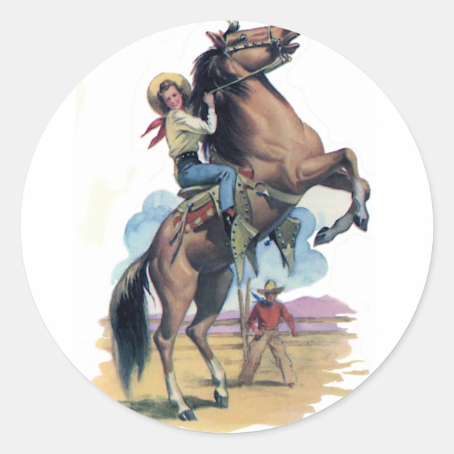 Cowgirl am Pferd Runder Aufkleber (Vorderseite)