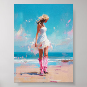 Cowgirl an der Küste - rosa Stiefel und weißer Kle Poster