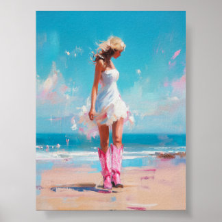 Cowgirl an der Küste - rosa Stiefel und weißer Kle Poster