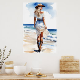 Cowgirl an der Küste Wandern auf dem Strand Wasser Poster