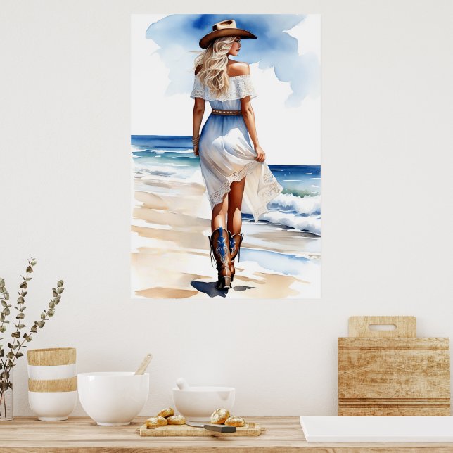 Cowgirl an der Küste Wandern auf dem Strand Wasser Poster (Küche)