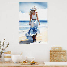 Cowgirl an der Küste Wandern auf dem Strand Wasser Poster