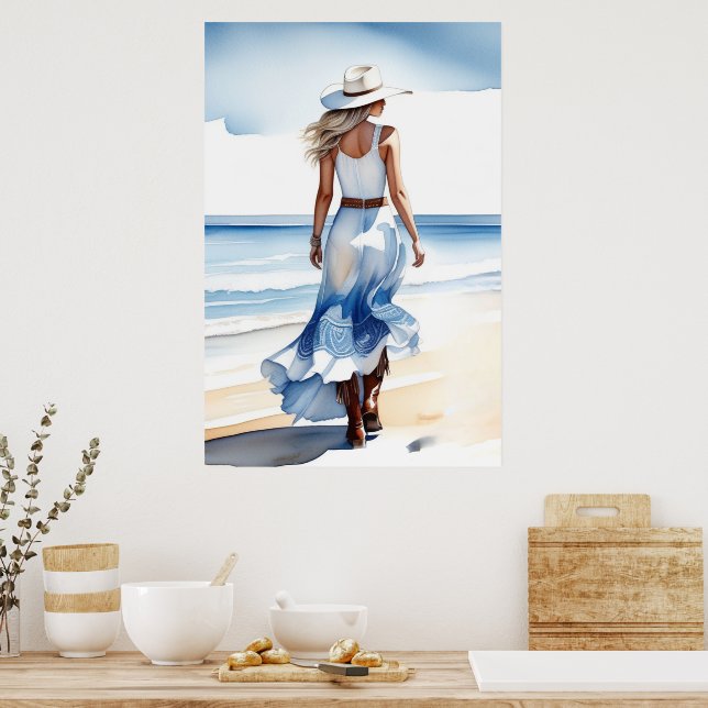 Cowgirl an der Küste Wandern auf dem Strand Wasser Poster (Küche)