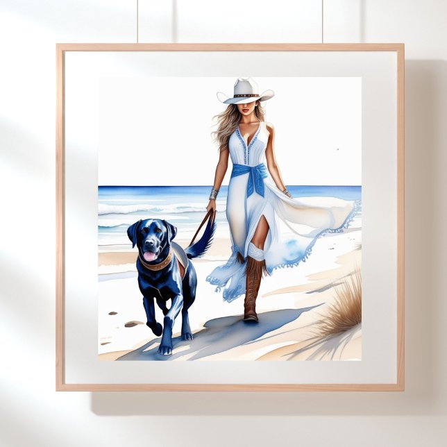 Cowgirl an der Küste Wandern mit Hund am Strand Poster (Coastal cowgirl walking on the beach with a dog)