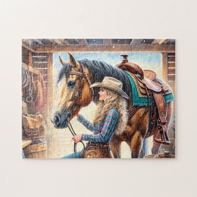 Cowgirl and Horse Rustic Western Barn (Horizontal)