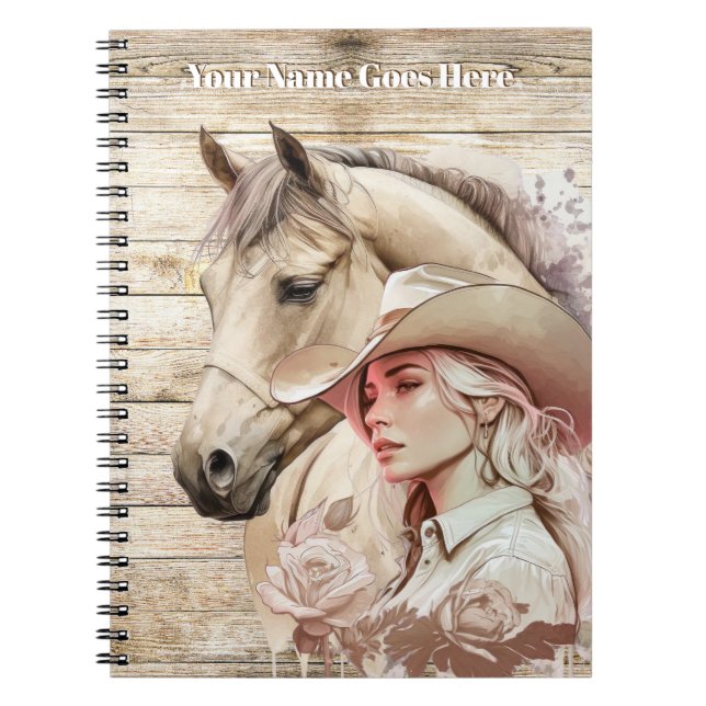 Cowgirl Aquarellpferd Holzkörnername Notizblock (Vorderseite)