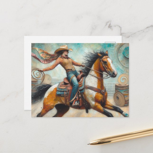 Cowgirl auf einem Pinto Pferd Postkarte (Vorderseite/Rückseite Beispiel)