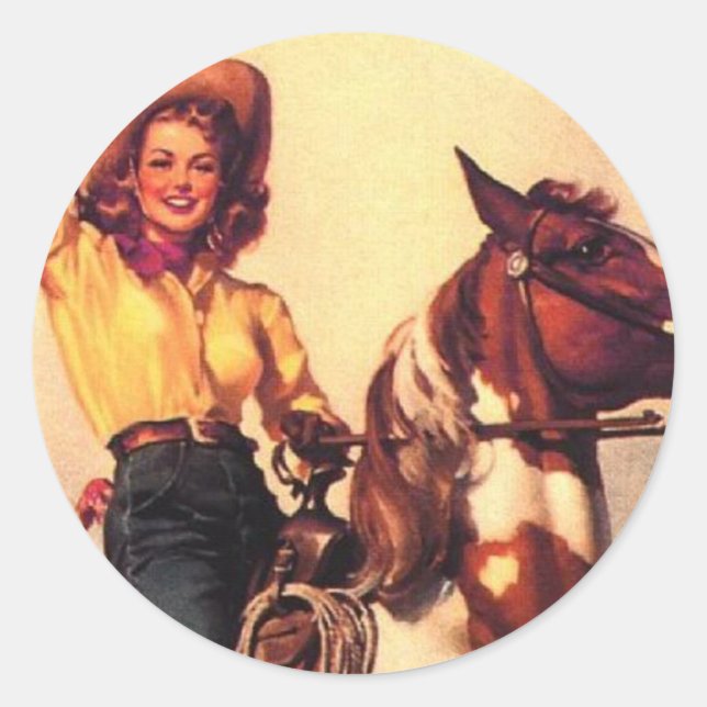 Cowgirl auf ihrem Pferd Runder Aufkleber (Vorderseite)