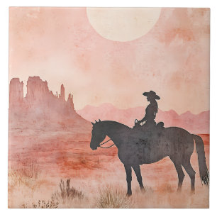 Cowgirl auf Pferd Südwestliche Sonnenuntergangssze Fliese