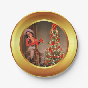 Cowgirl auf Sattel mit Weihnachtsbaum-Tellern Pappteller
