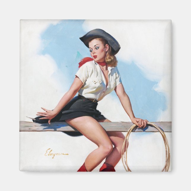 Cowgirl auf Zaun Button Up Magnet (Vorne)