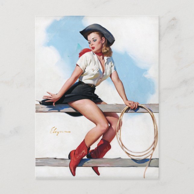 Cowgirl auf Zaun Button Up Postkarte (Vorderseite)