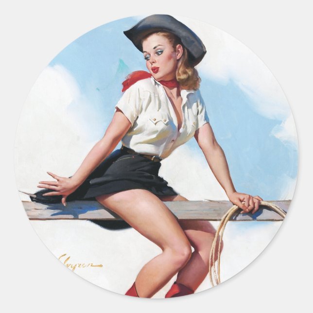 Cowgirl auf Zaun Button Up Runder Aufkleber (Vorderseite)