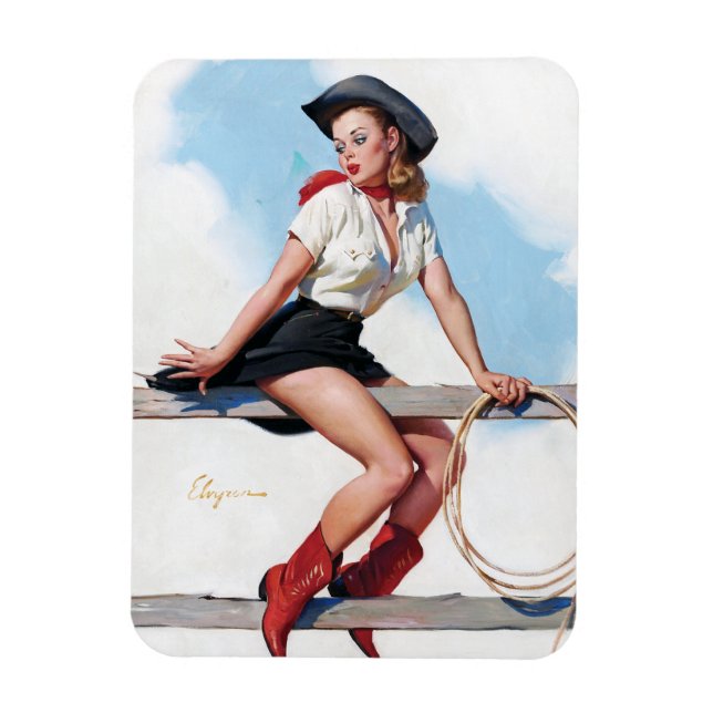 Cowgirl auf Zaun Vintages Button hoch Magnet (Vertikal)