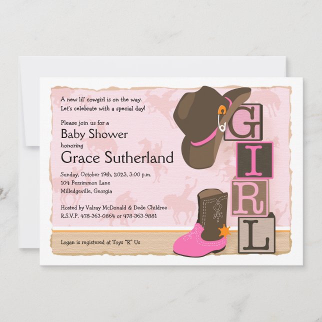 Cowgirl Baby Showeinlage Einladung (Vorderseite)