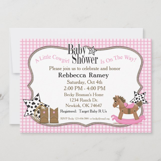 Cowgirl-Babyparty in den rosa Plaids Einladung (Vorderseite)