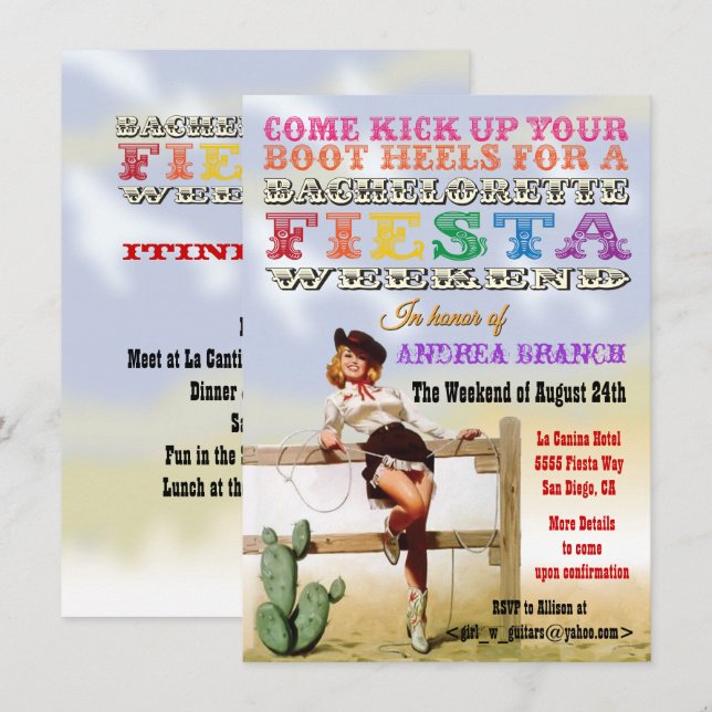 Cowgirl Bachelorette Fiesta Weekend Einladungen (Vorne/Hinten)