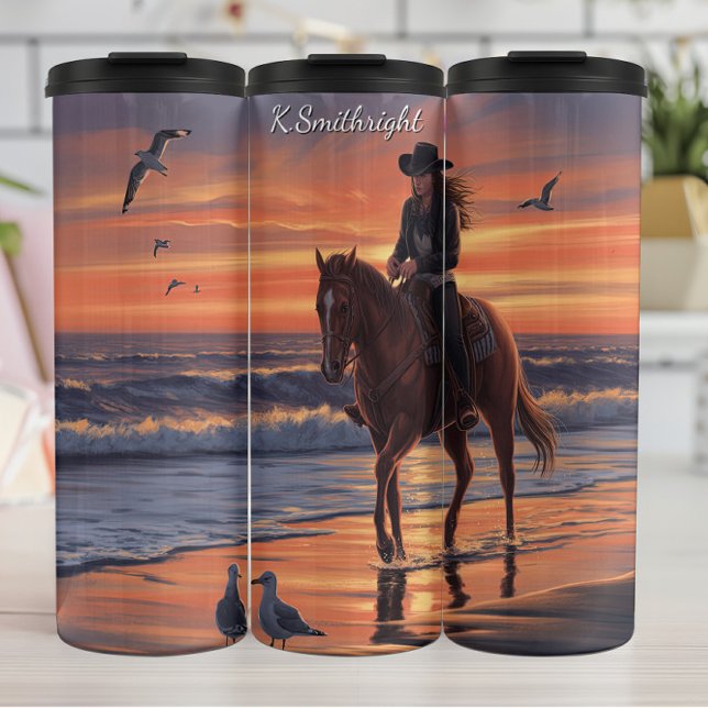 Cowgirl Beach Ride Sunset Gulls Thermosbecher (Von Creator hochgeladen)