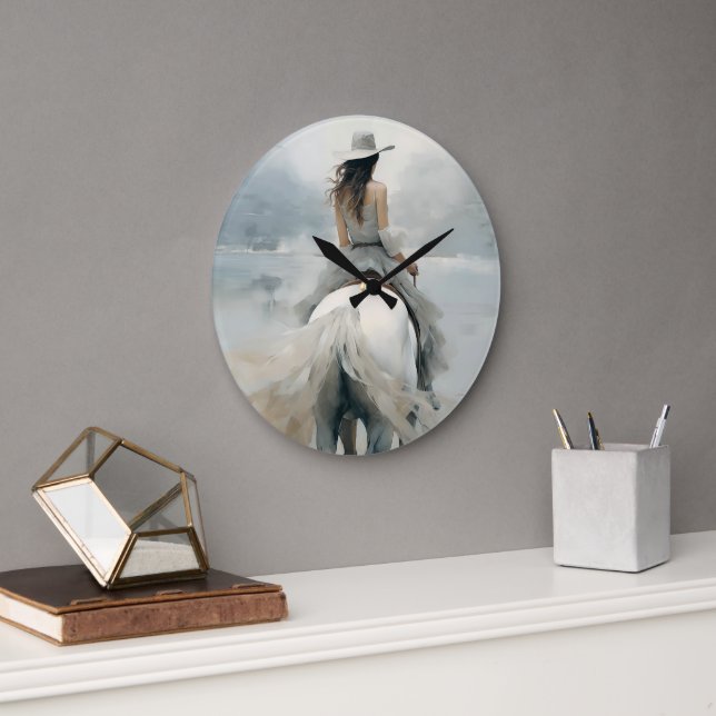 Cowgirl Beach Ride Western & Coastal Elegante Große Wanduhr (Büro)