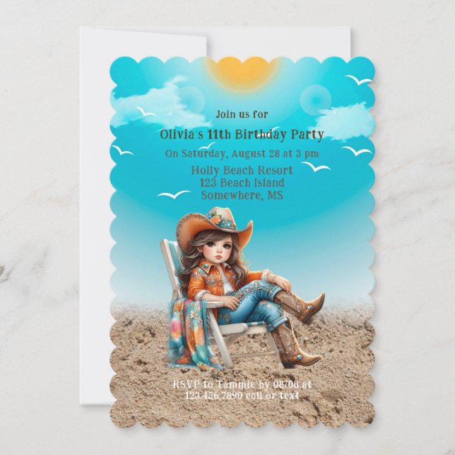 Cowgirl bei der Beach Birthday Party Einladung (Vorderseite)