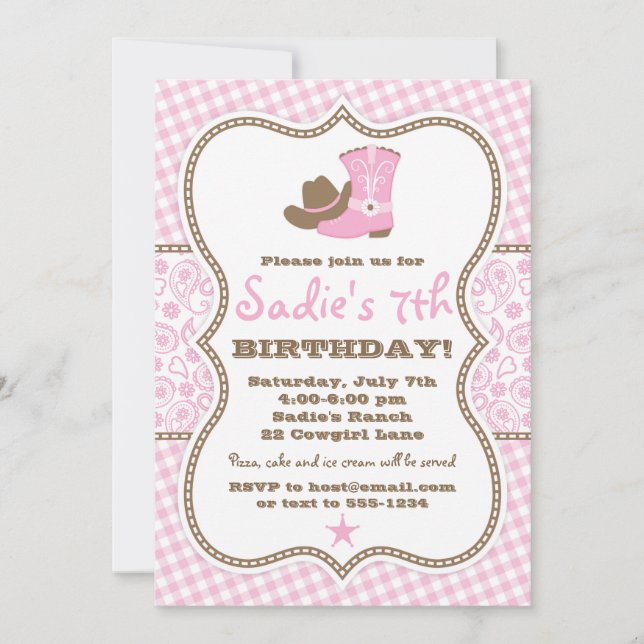 Cowgirl Birthday Einladung, Pink Brown Paisley Einladung (Vorderseite)