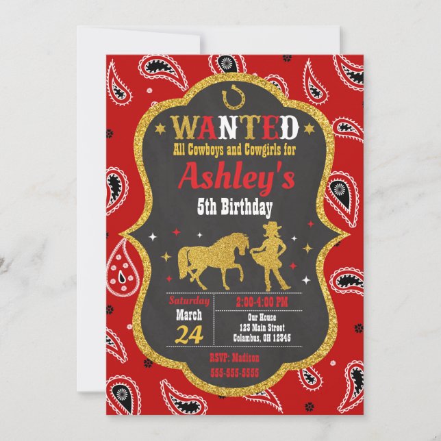 Cowgirl Birthday Einladung / Western / Glitzer (Vorderseite)