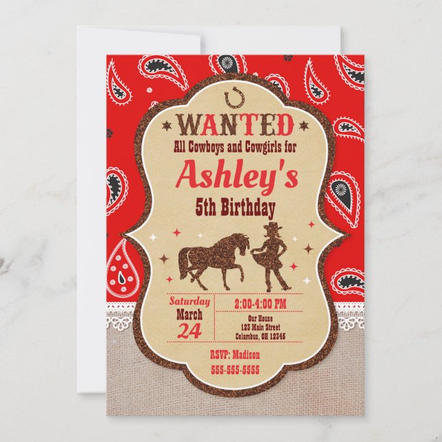 Cowgirl Birthday Einladung / Western / Glitzer (Vorderseite)