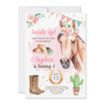 Cowgirl Birthday Invitation Girl Horse Pink Aquare
