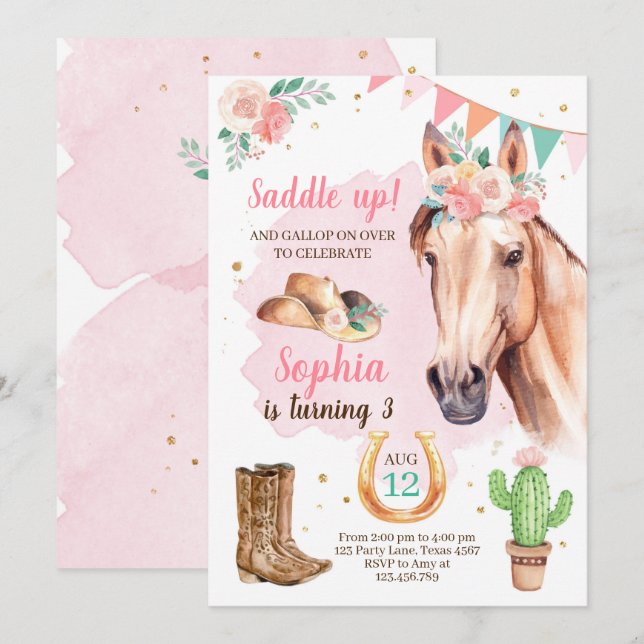 Cowgirl Birthday Invitation Girl Horse Pink Aquare (Devant / Derrière)