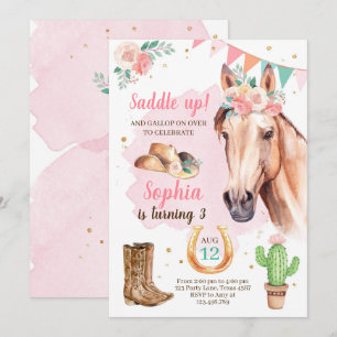 Cowgirl Birthday Invitation Girl Horse Pink Aquare