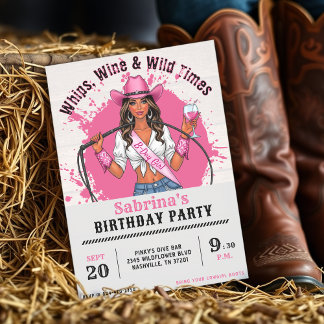 Cowgirl Birthday Party Whips Wine & Wild Times Einladung