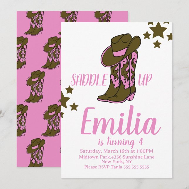 Cowgirl Boots Horse Themed Birthday Pink Einladung (Vorne/Hinten)
