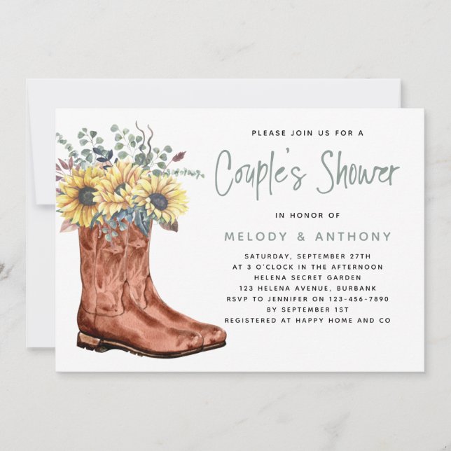 Cowgirl Boots Sonnenblume Eukalyptus Couple Dusche Einladung (Vorderseite)