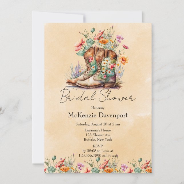 Cowgirl Boots Wildblumen Brautparty Einladung (Vorderseite)