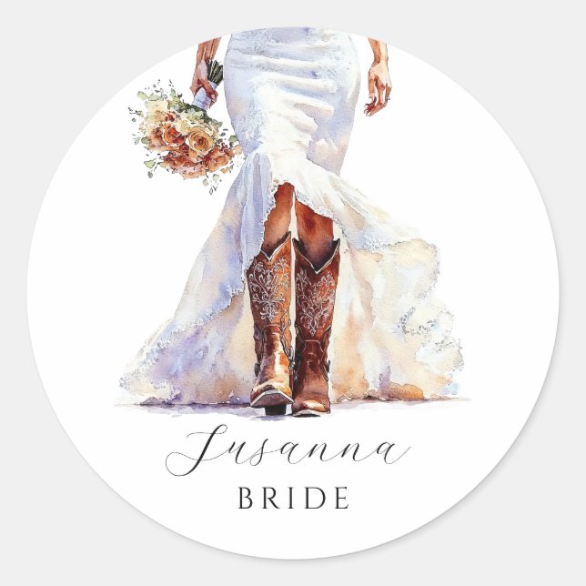 Cowgirl Bride Boots Wedding Gown Runder Aufkleber (Vorderseite)