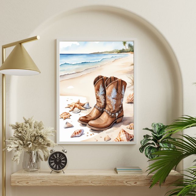 Cowgirl Brown Boots am Sandstrand von Ocean Beach Poster (Coastal Cowgirl Brown boots on the beach sand sea seashells Wall Art poster print, Printed Digital)