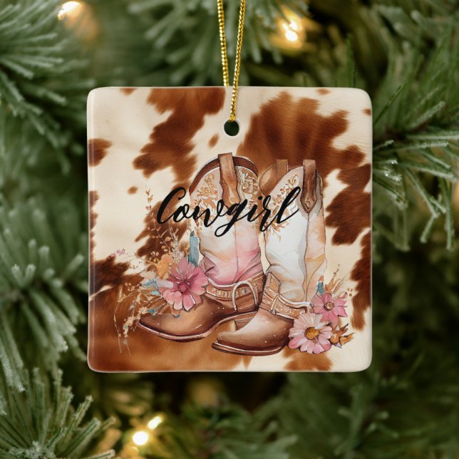 Cowgirl Brown Cowhide Western Cowboy Boots Keramikornament (Baum)