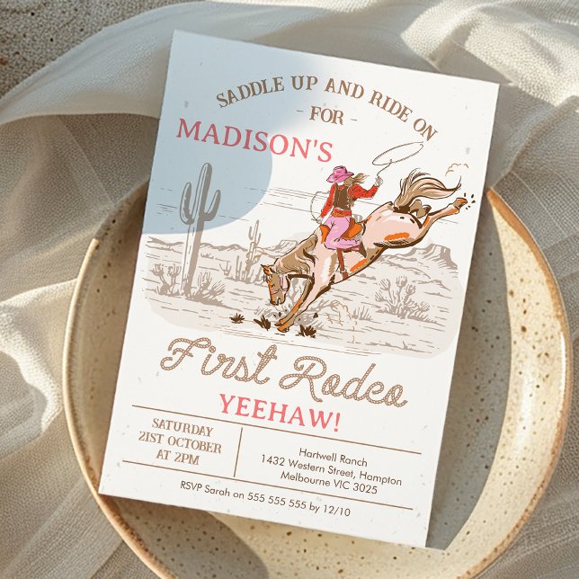 Cowgirl Brown First Rodeo 1. Geburtstag Einladung (Girls First Rodeo Birthday Invitation, First Rodeo 1st Birthday Invite Cowgirl Horse Wild West)