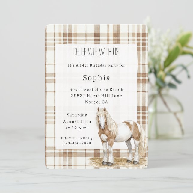 Cowgirl Brown Plaid Stripes Horse Birthday   Einladung (Stehend Vorderseite)