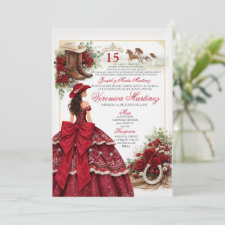 Cowgirl Burgund Western Quinceañera Charra Einladung
