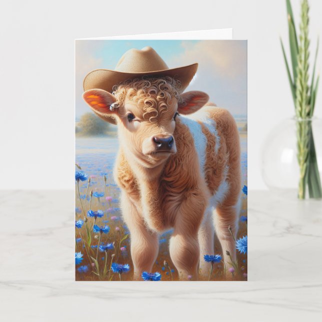 Cowgirl Calf in Weide mit Kornblumen Karte (Vorderseite)