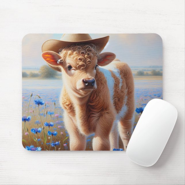 Cowgirl Calf in Weide mit Kornblumen Mousepad (Mit Mouse)