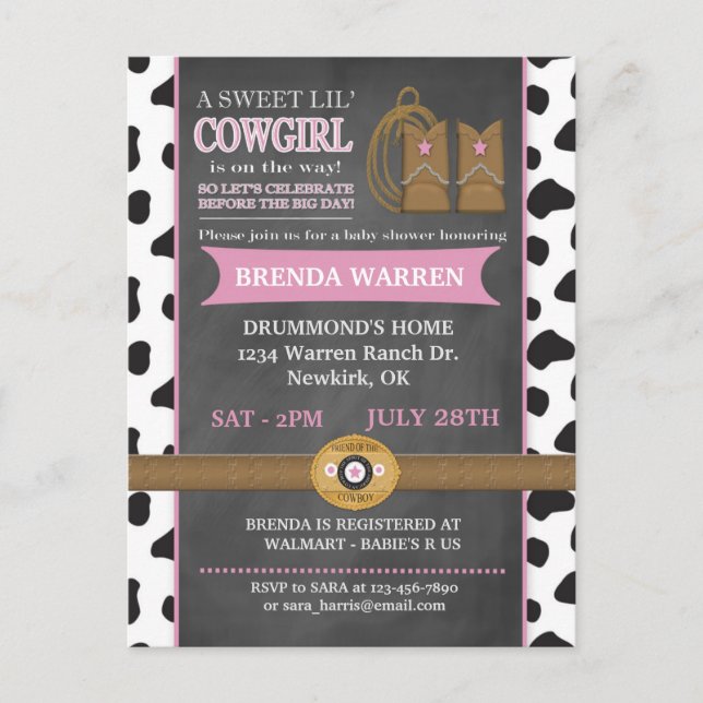 Cowgirl Chalkboard Kinderdusche Einladung Postkart (Vorderseite)