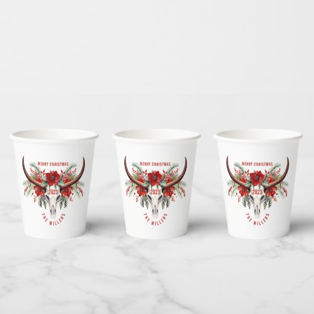 Cowgirl Christmas Floral Bull Sugar Skull Pappbecher (Multi)