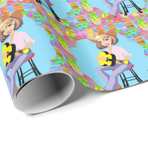 Cowgirl Country Western Sängerin mit gelber Gitarr Geschenkpapier