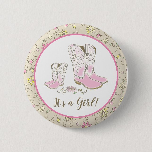 Cowgirl Country Western Thema Pink Baby Dusche Button (Vorderseite)