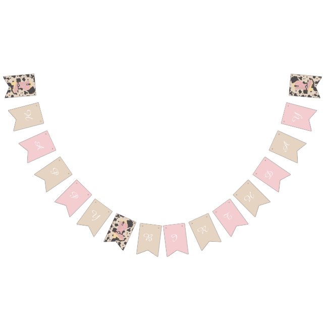 Cowgirl Cow Pink Earthy Happy Birthday  Wimpelkette (Alle)