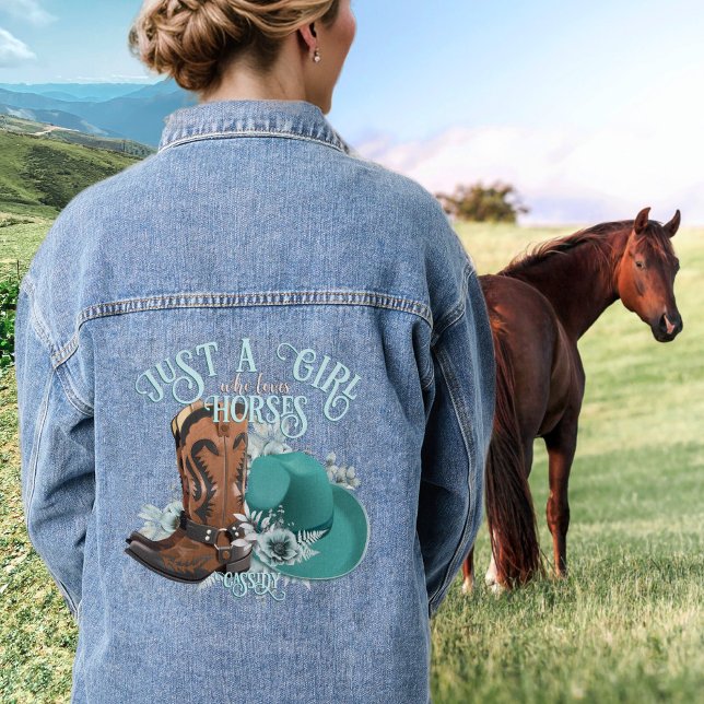 Cowgirl cowboy bottes casquette Girl Love chevaux  (Cowgirl cowboy boots hat Girl Love horses name Denim Jacket Just a girl who loves horses)