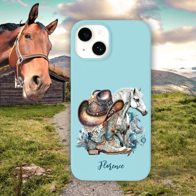 Cowgirl Cowboy Stiefel hat Blumenstrauß Western Case-Mate iPhone 14 Hülle (Horsegirl, horse lover personalized turquoise western style cowboy boots cowboy hat phone case.)