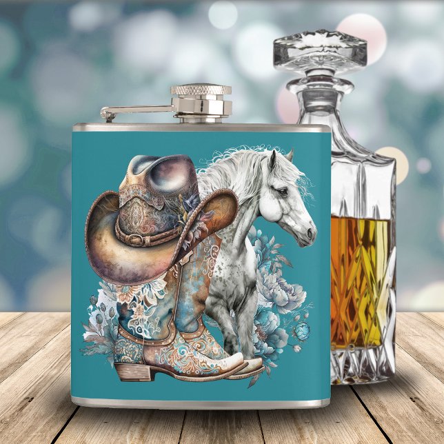 Cowgirl Cowboy Stiefel hat Blumenstrauß Western Flachmann (Western cowgirl floral cowboy boots, hat, turquoise and brown personalized flask.)